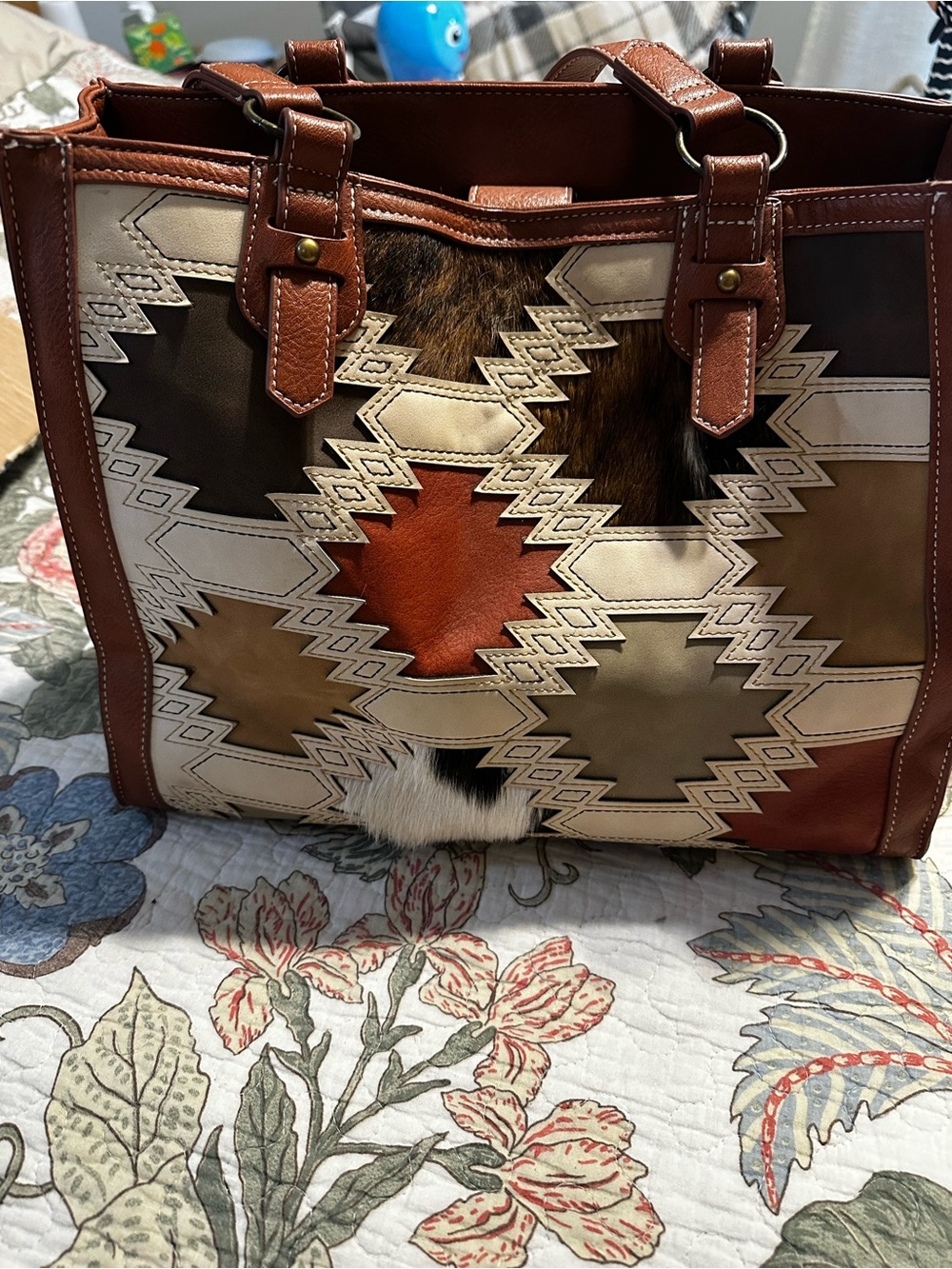 Southwestern Patchwork Leather Tote in Brown, Tan & Rust. Conceal carry pocket